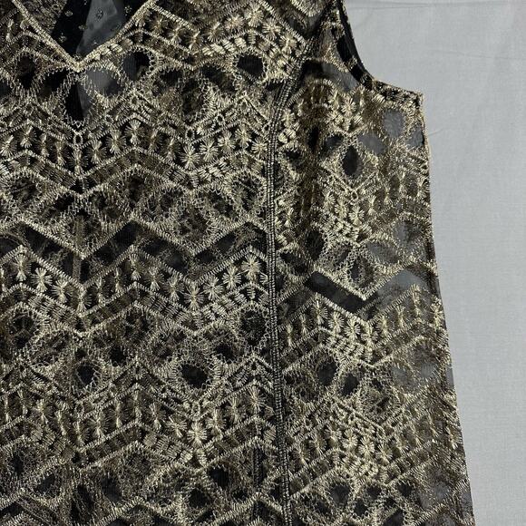 Y2K Vintage Top Women Large Black Lace Sheer Gold Metallic Crochet Glam Art Deco - Picture 6 of 10
